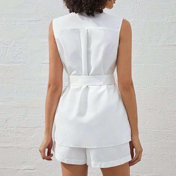 White Casual Women's Flip Pocket Front Sleeveless Top And Shorts Set - Picture 2 of 9